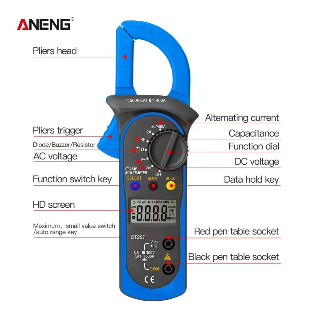 ANENG ST201 Digital Clamp Multimeter Transistor Capacitor Tester Automotive Electrical Capacitance Meters Ammeter Voltmeter