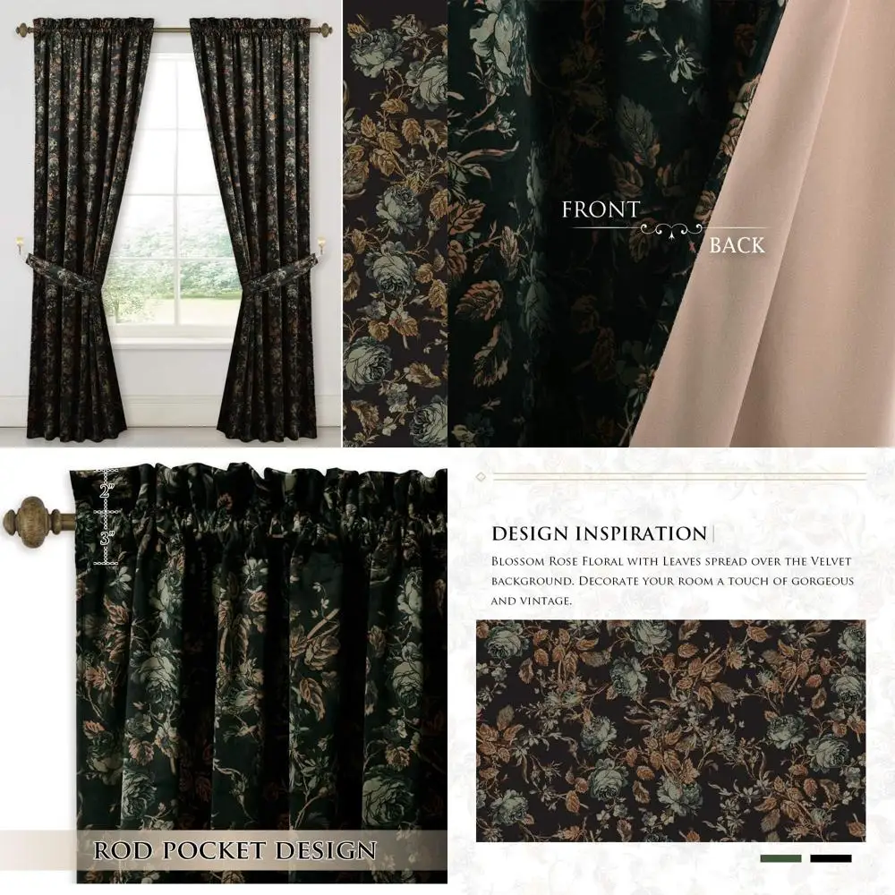 

StangH Black Velvet Curtains 84 inches Long - Printed Floral Design Home Decoration Luxury Thermal Insulated Blackout Window Tre