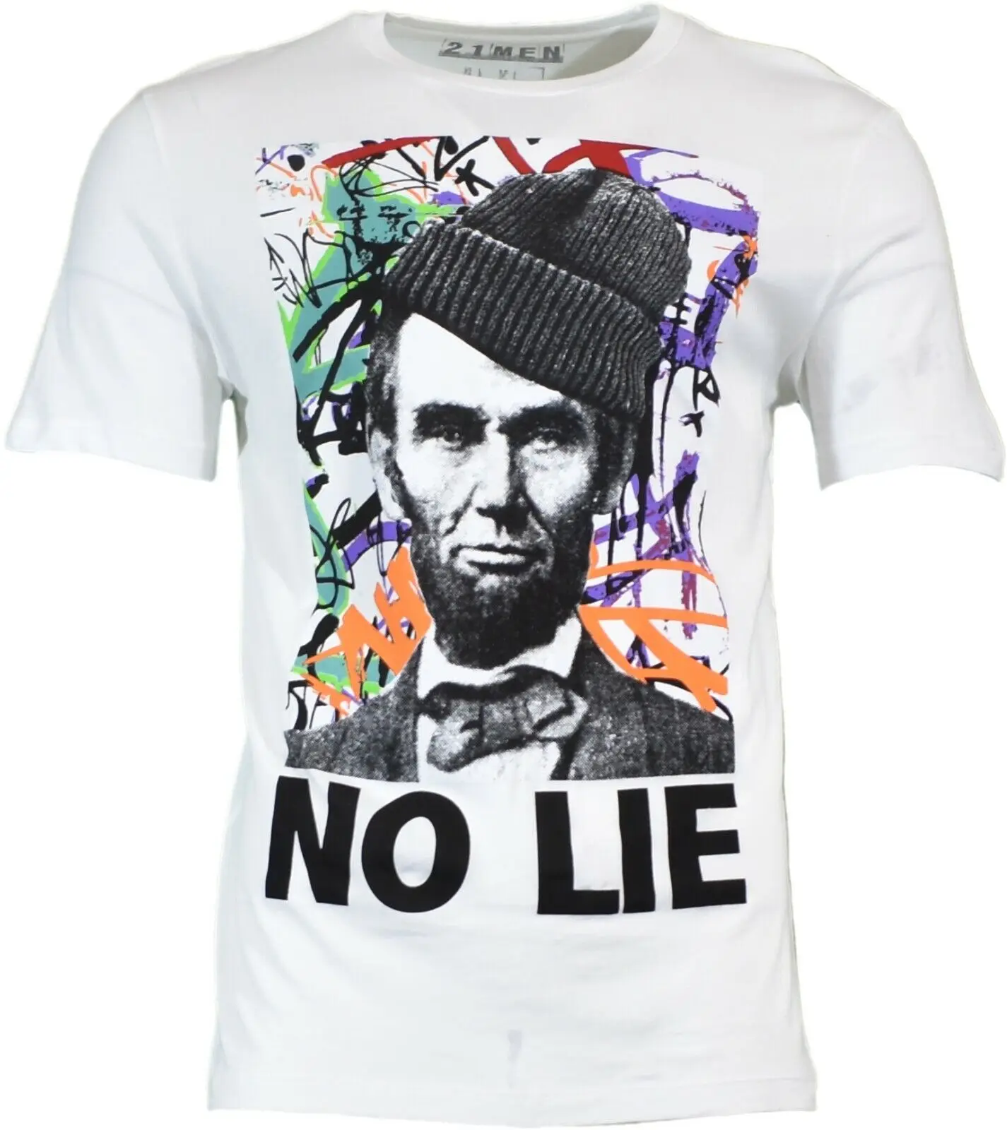 MENS  Men21 Abraham Lincoln NO LIE Graphics White T-Shirt Crew Neck