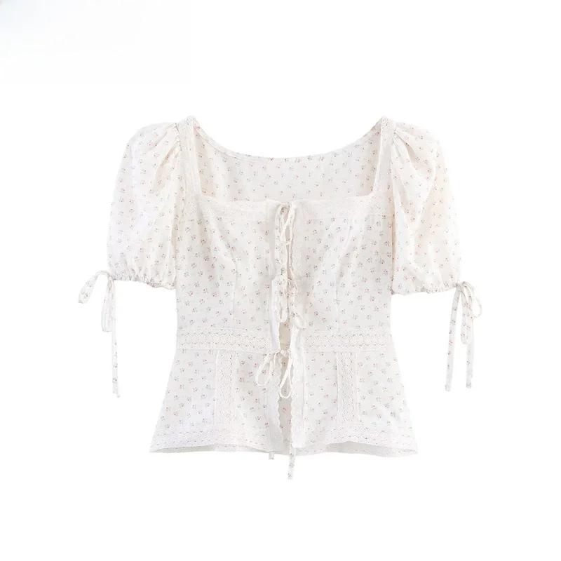 

ZBZR Spring New Women's Faion Sweet Sle Lace Patchwork Square Collar ort Sve Polyester Fiber Blouse Fre Breath