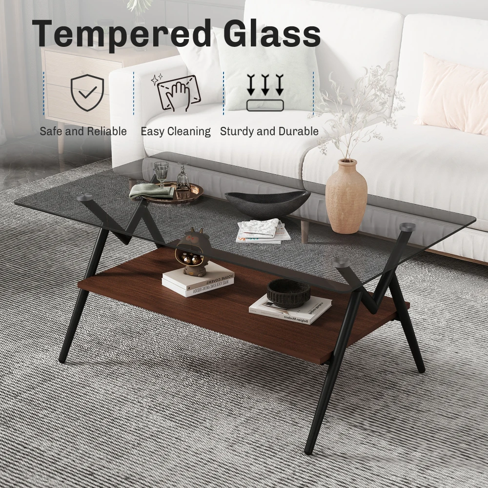 Rectangle Coffee Table with Tempered Glass Top and Brown MDF Shelf Modern Table for Living Room Gray Glass