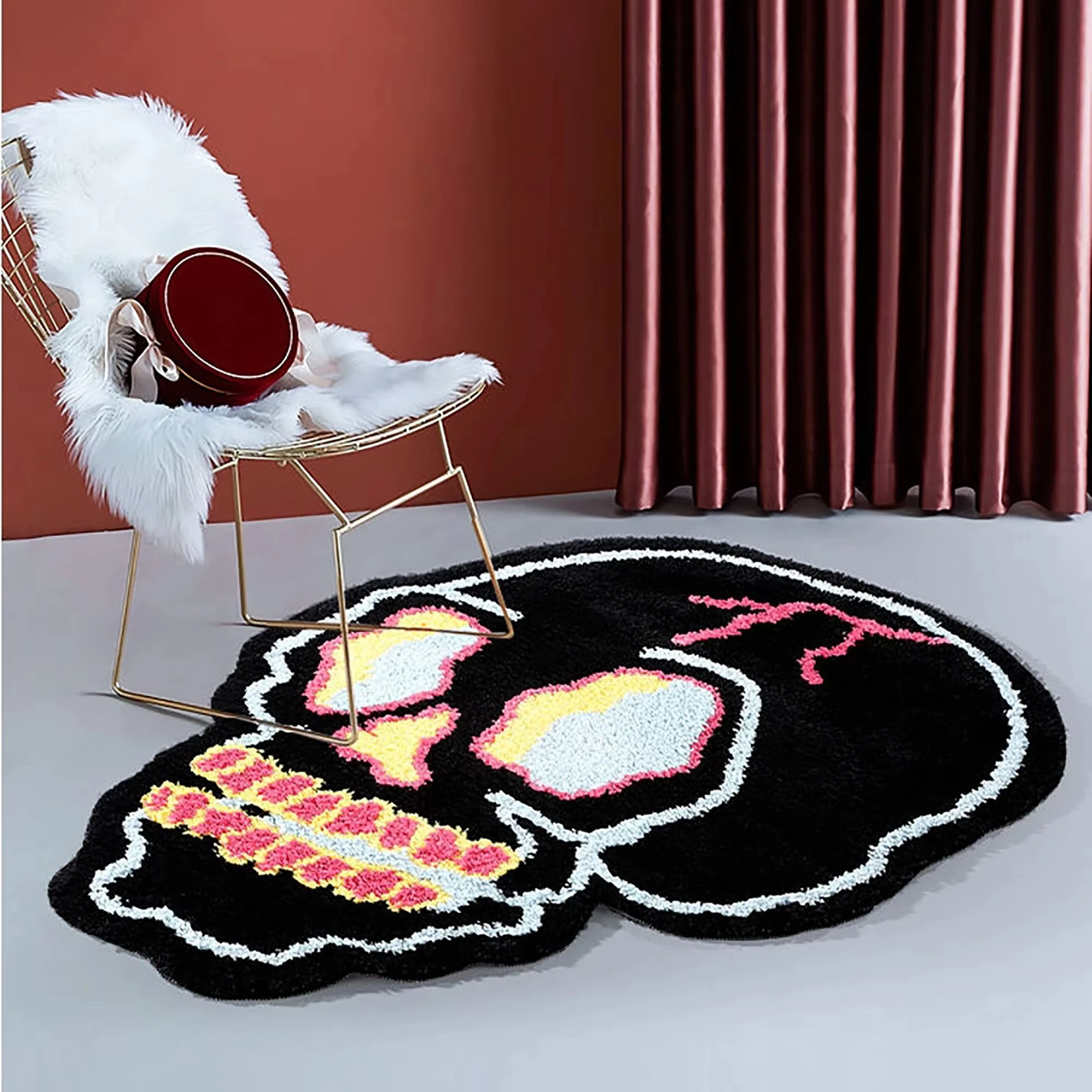 

Modern Skull Halloween Rug Black And Pink Irregular Rug Absorbent Non-Slip Floor Mat Machine Washable And Hand Washable Carpet