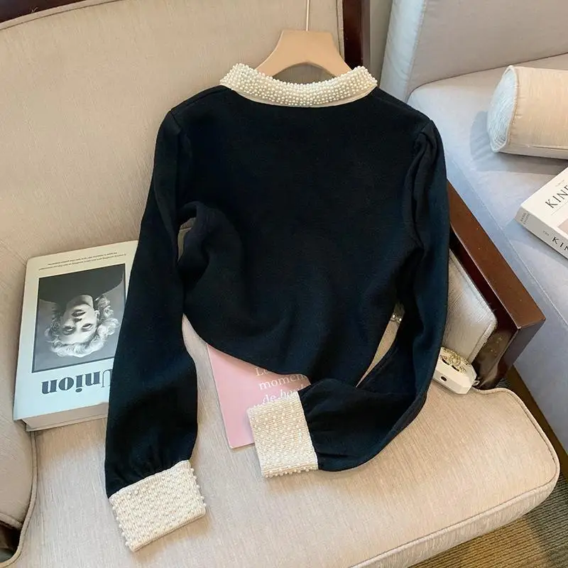 Heavy Industry Pearl Black Sweet Women's 2023 Spring And Autumn New Knitted Underlay Sweater