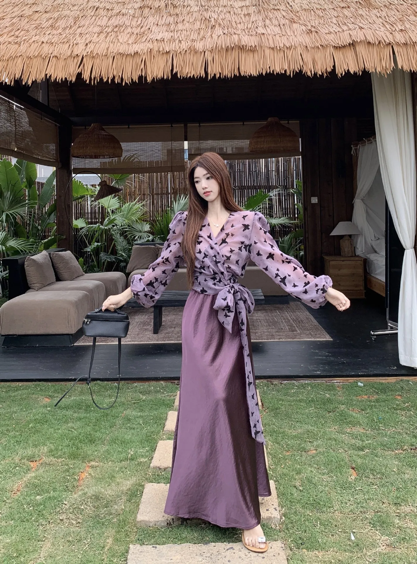 Fashionable Updated Women's Set Gentle Style French Vintage Soft Wind Autumn Chiffon Print