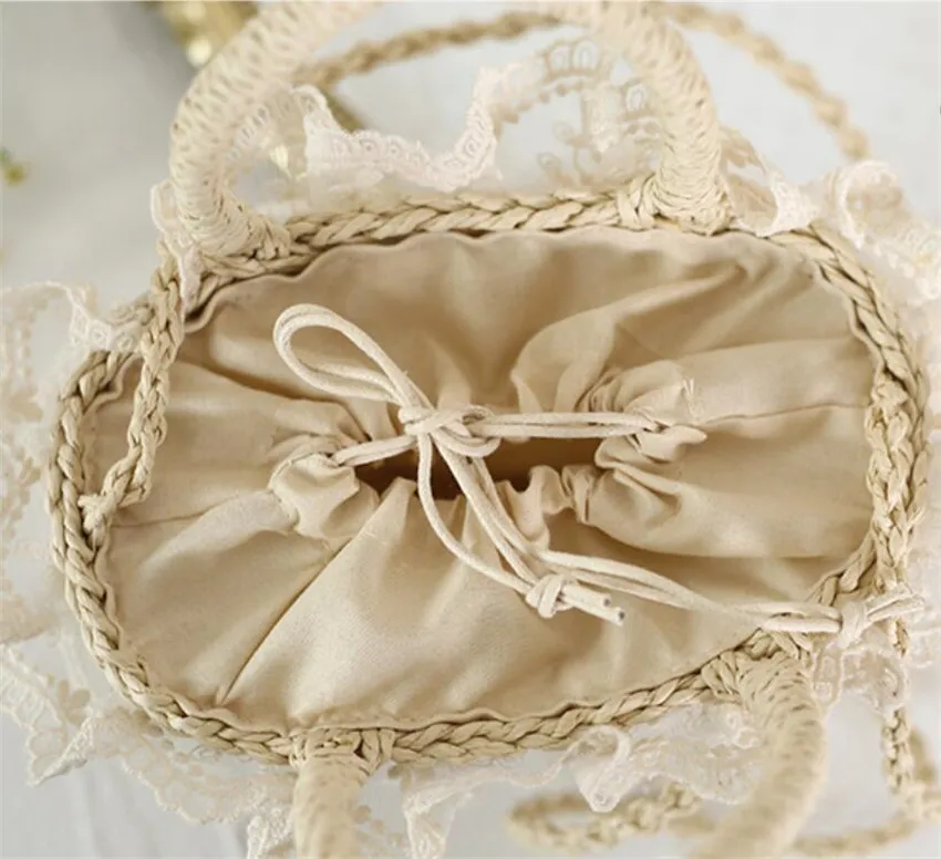 Mori Girl Lolita Flower Tulip Basket Straw Handbag Girl Kawaii Lace Trim Picnic Tea Party Outdoor Bag Props D1144