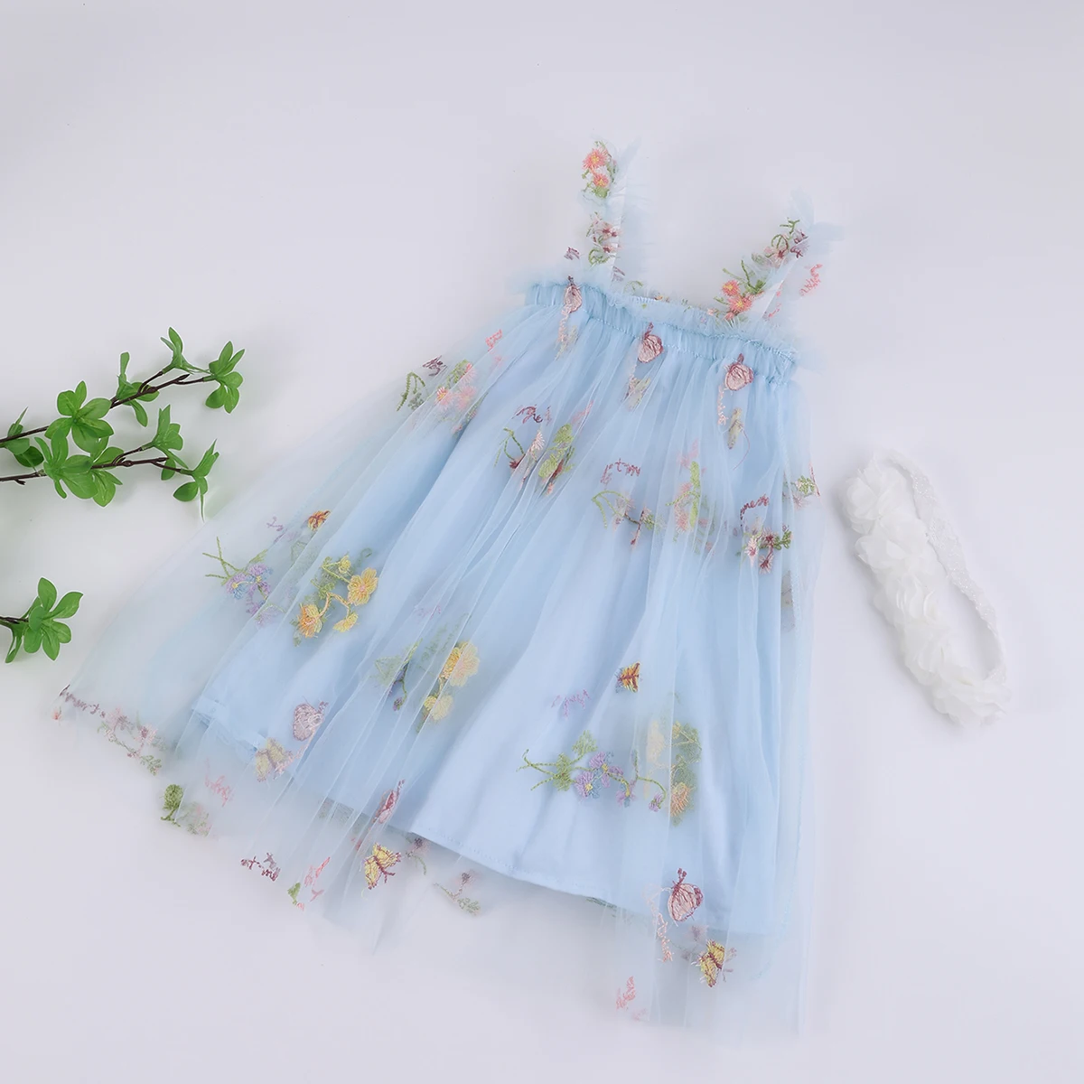 Kleinkind Baby Mädchen Tutu Kleid ärmellos blau Stickerei Blumendruck Tüllkleid Mädchen Prinzessin Kleider mit Blumenstirnband