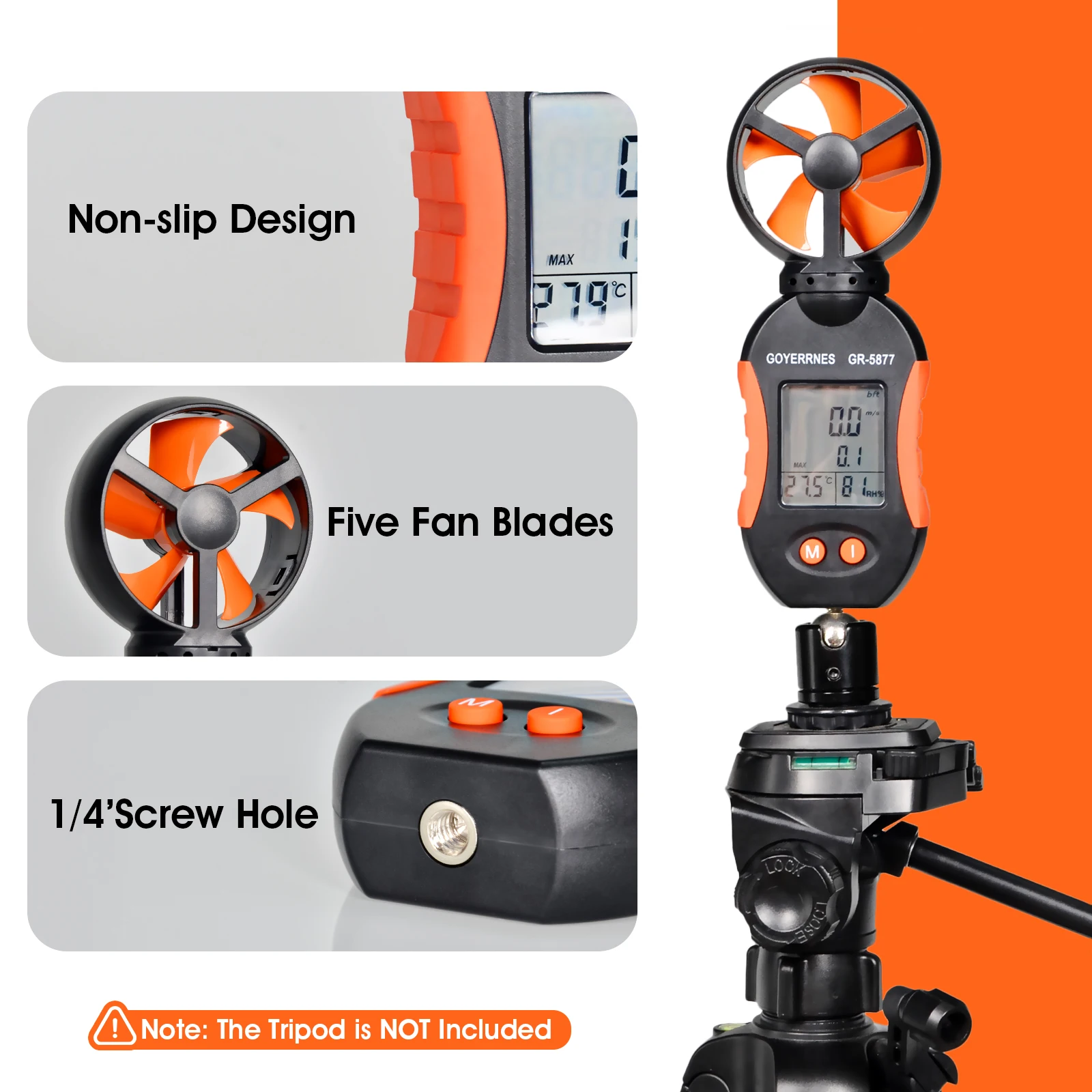 Anemometer Wind Speed/Temp/Humidity Meter 0.3-30m/s, 5 Units, Tripod Mount, 110g Lightweight,  With Tripod Mount Weather