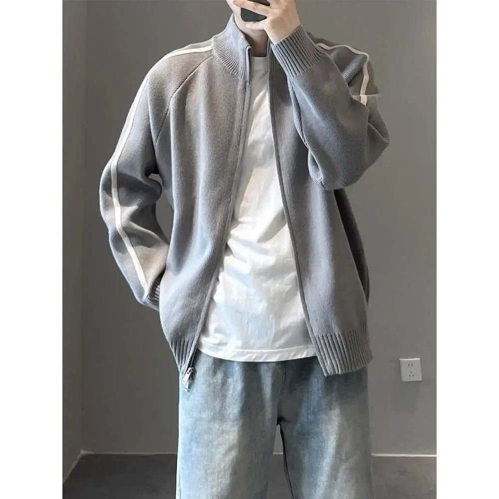 

Осень-зима корейский Sle Long Sve вязаный тюре мужской повседневный свободный простой кардиган с воротником-стойкой на молнии пара свитер