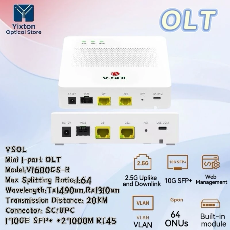 

VSOL 1-портовый GPON OLT с 1*GPON, 2*RJ45+1*SFP/SFP+, поддержка 64 ONU, DC12V 1A, встроенный модуль 7 дБ, TX1490нм RX1310нм, 20 км, UPC mini OLT