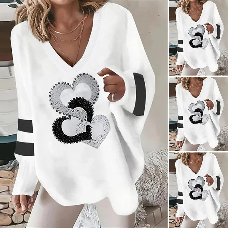 Autumn New V-neck Loose Long-sleeved Love Sweatshirt Women's Pullover Irregular Hem Lady T-shirt Blouse Spring Casual Top Capuz