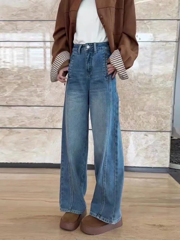 

plus Size High Waist Blue Denim Jeans Women Autumn Winter Loose Wide Leg Pants Straight Cut for Pear Shaped Body Casual Wear