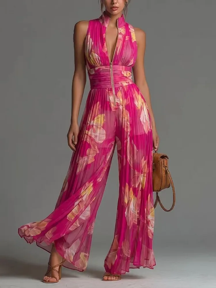 

Uoozee Women Sleeveless Stand Collar Zipper Pleated Jumpsuits Floral Printed High Waist Wide Leg Floor Length Party Overalls