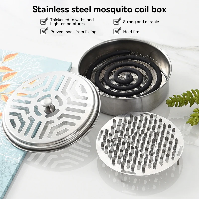 Stainless Steel Mosquito Coil Holder Lid Household Fireproof Mosquito Incense Burner Safe Anti‑scald Mosquito Coil Storage