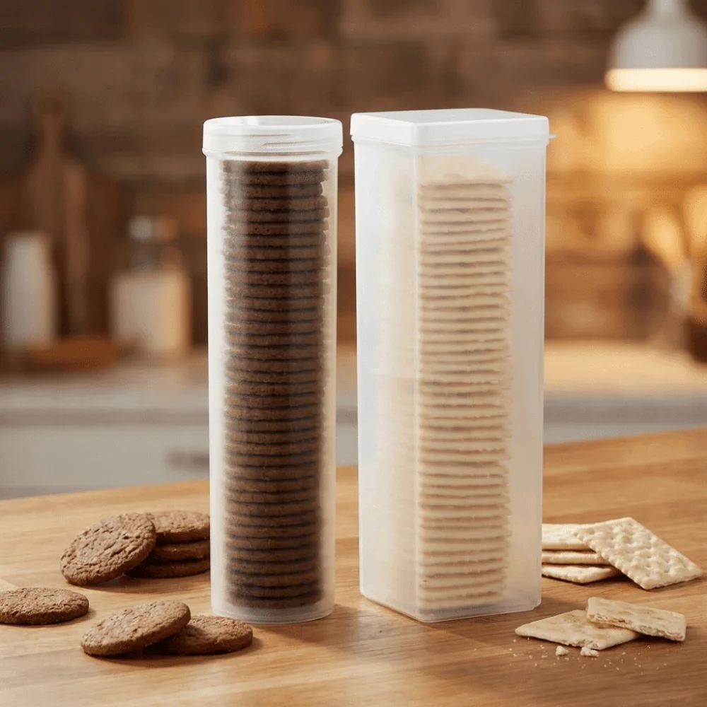 

2PCS Plastic Cookie Storage Box Transparent Round/Rectangular Noodles Sealed Jar with Lid Space Saving Pantry Organizer Pasta