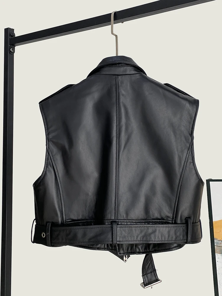 2025 Spring New High Quality Genuine Real Leather Vest Women's Short Sleeveless Motorcycle Suit Collar Lace-up Waistcoat