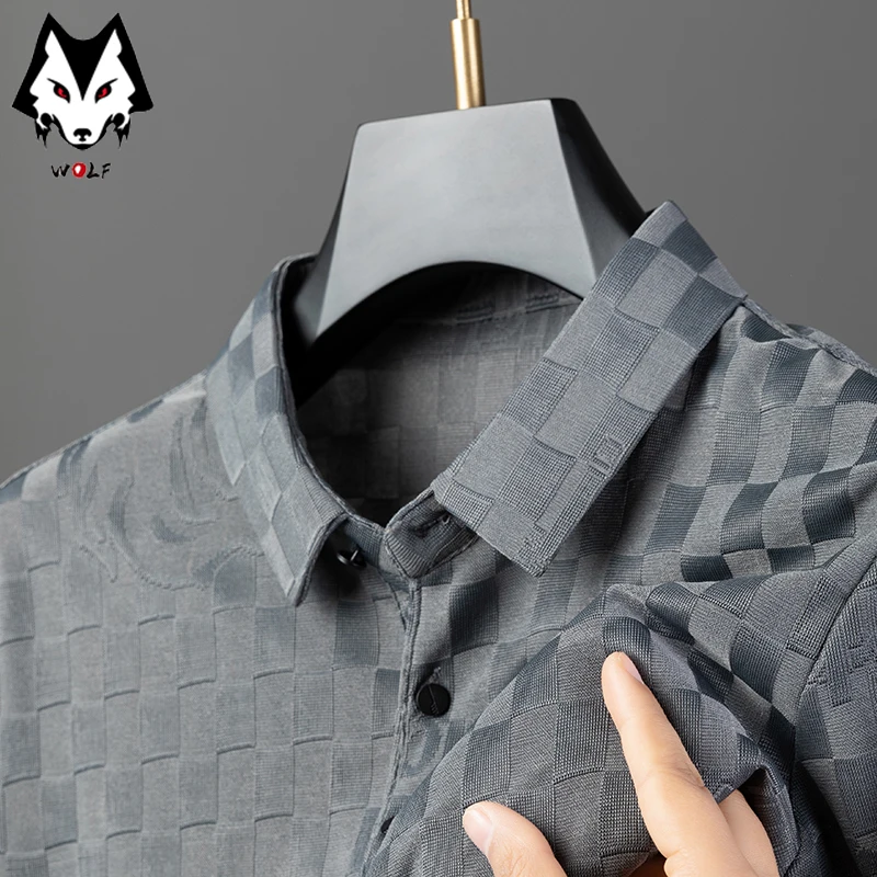 2024 Summer New Men's Solid Color Jacquard POLO Shirt Fashion Casual Wrinkle Resistant Comfortable Top