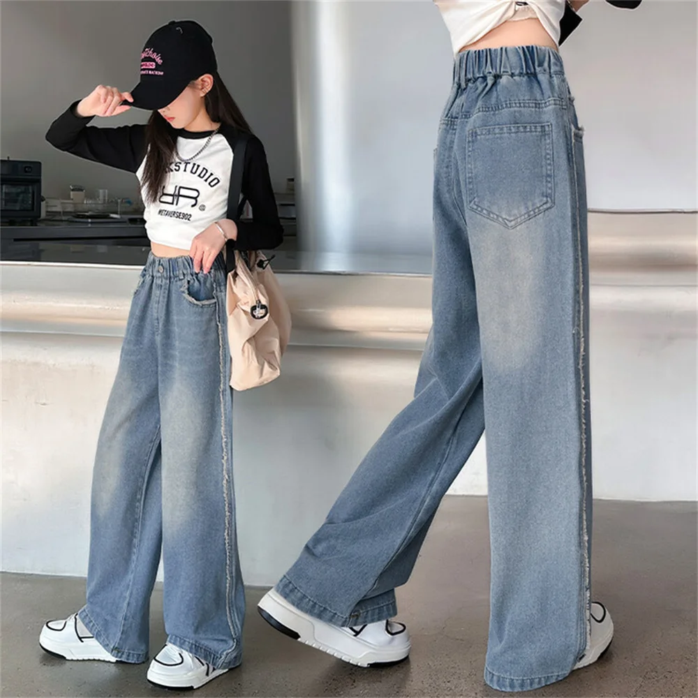 24605 Fashionable Summer Slim Wide Leg Pants Students Girls Jeans Children\'s Kid Jeans Denim Straight Leg Pants