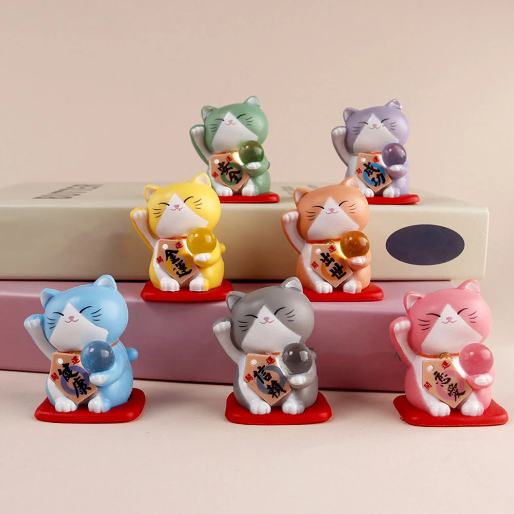 7 Pcs Decor Mini Lucky Cat Adorable Figurine The Ornament Animal Sculpture Fortune Miniatures