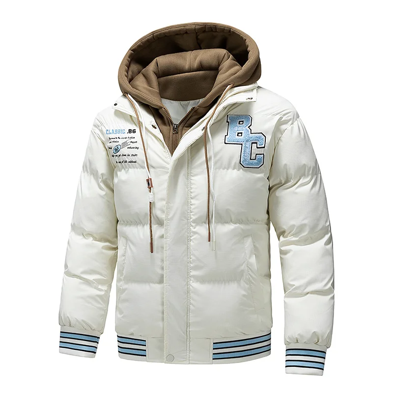 Fake Two-piece Padded Jackets Men Outdoor Windproof Thicken Baseball Jackets Fashion Hooded Parkas Winter Warm Streetwear Coats