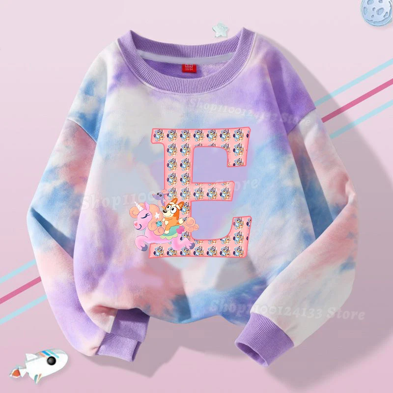 Bluey Sweatshirt Kid Girl Clothes Letter A-Z Bingo Chill Cartoon Tie-dye Pullover Long Sleeve Party Holiday Child's Birthday New