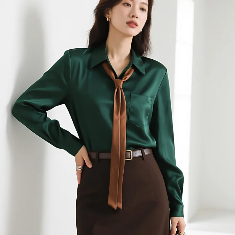 Spring Autumn Elegant Satin Women's Blouse 2025 New One Pocket French Style Single Breasted Casual Loose Office Shirts Female