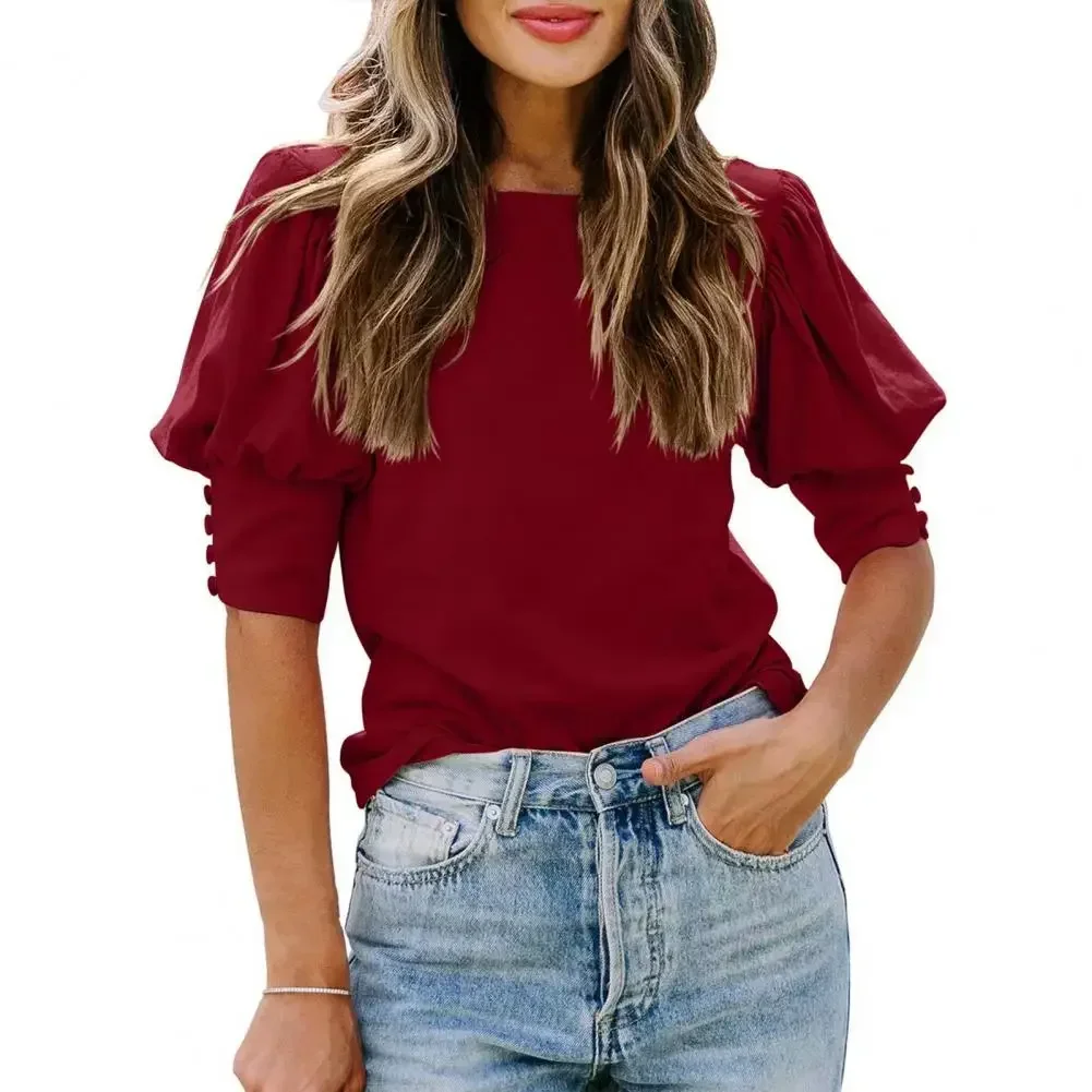 Women Summer Top Round Neck Patchwork Lantern Sleeves Solid Color Loose OL Style Commute Soft Breathable Lady T-shirt Clothes