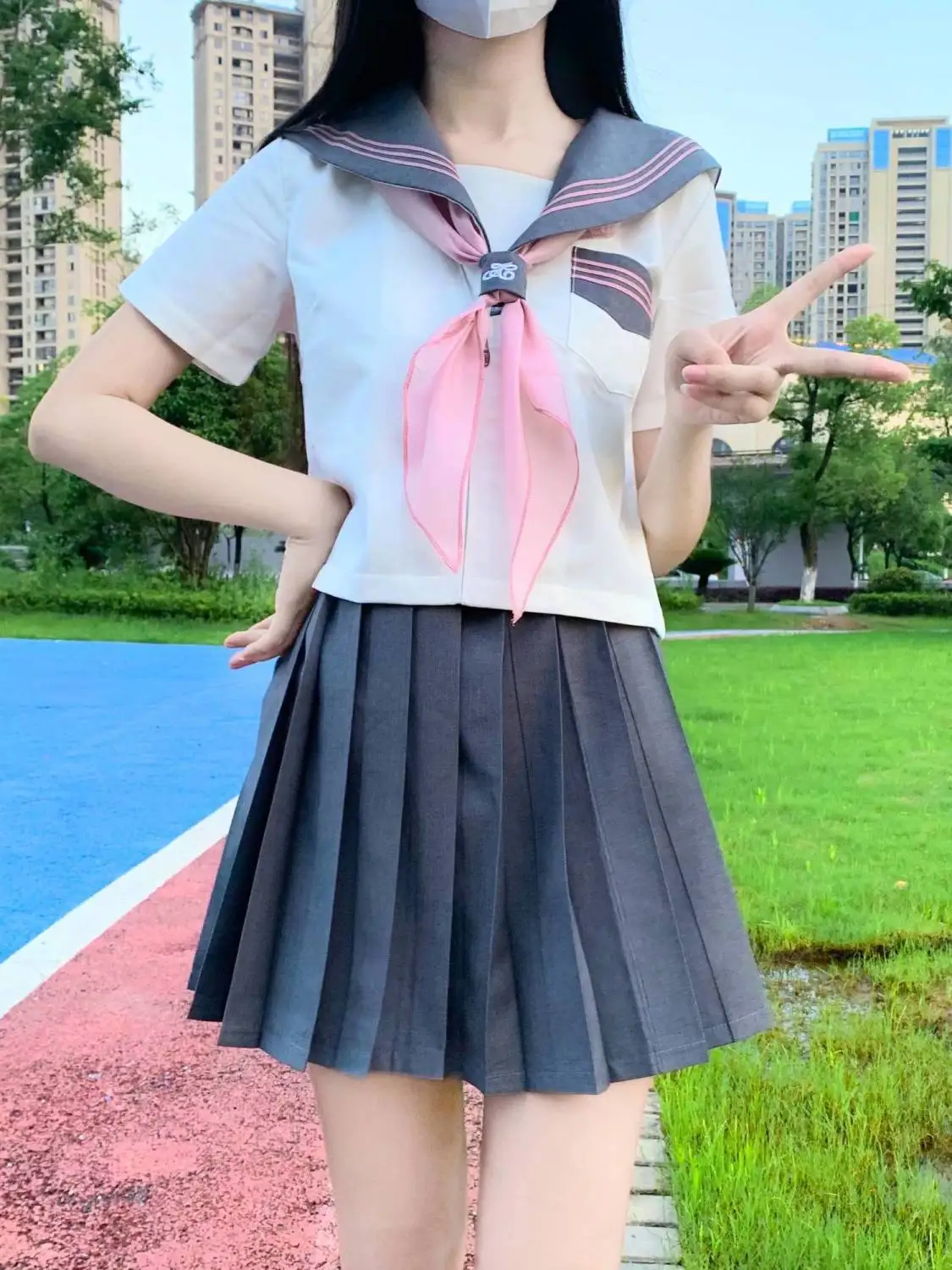 Japan Basic JK Grey Collar pink Lines School Uniform Girl Sailor Suits Pleated Skirt Clothes Anime COS Costumes Women-B 2024 New