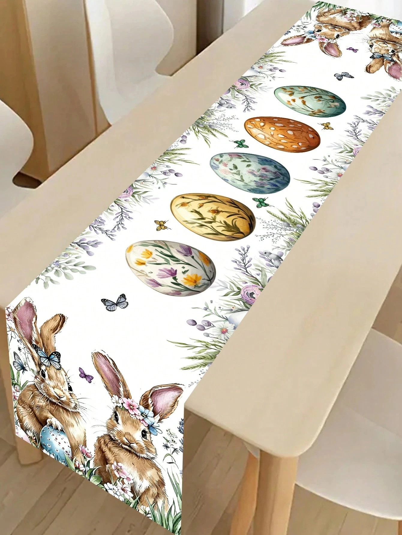 1 Stück Oster-Tischläufer mit Hase & Ei - Leinen 2D-Druck Aquarell Blumen- & Schmetterlingsdesign, Perfekt für Küche Esstisch Deko