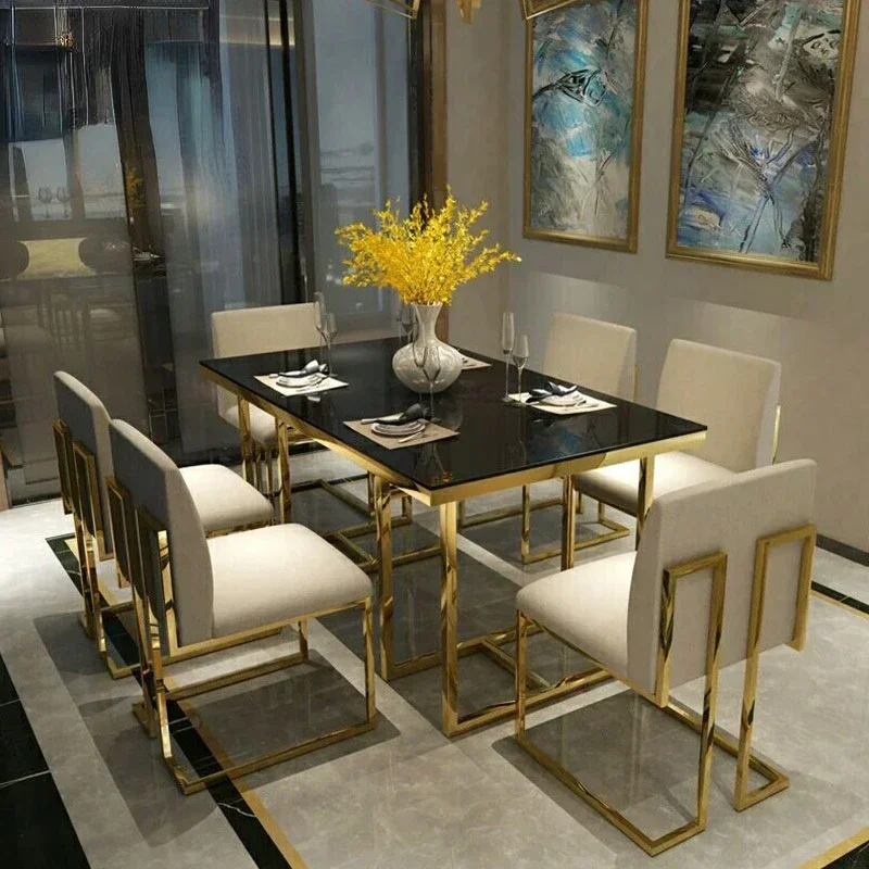 Luxurious golden living room fashion simple modern stainless steel rectangular glass dining table and chair combination