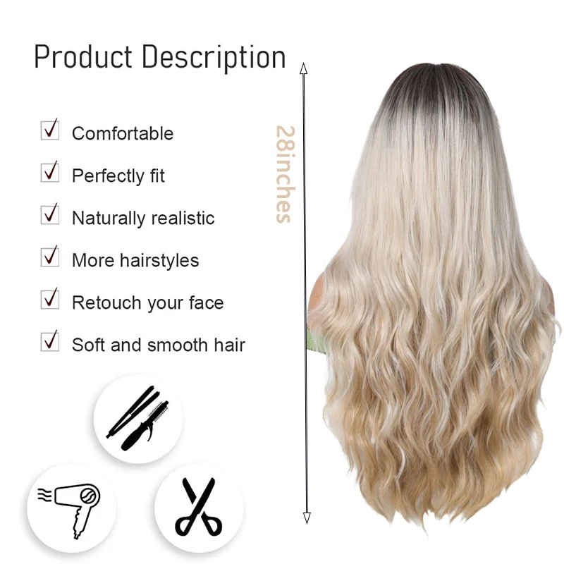 Women's Ombre Blonde 28 Inch Long Curly Wavy Wig with Bangs Fluffy Heat Resistant Synthetic Natural Hair For Daily Party Use