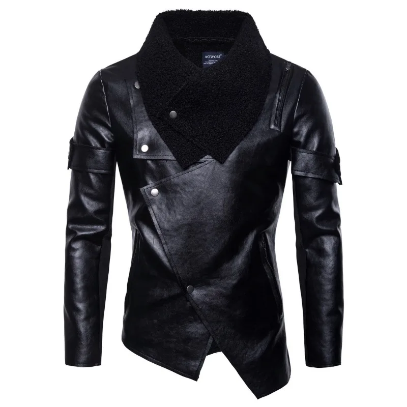 Autumn new men's locomotive leather jacket personality irregular punk leather jacket