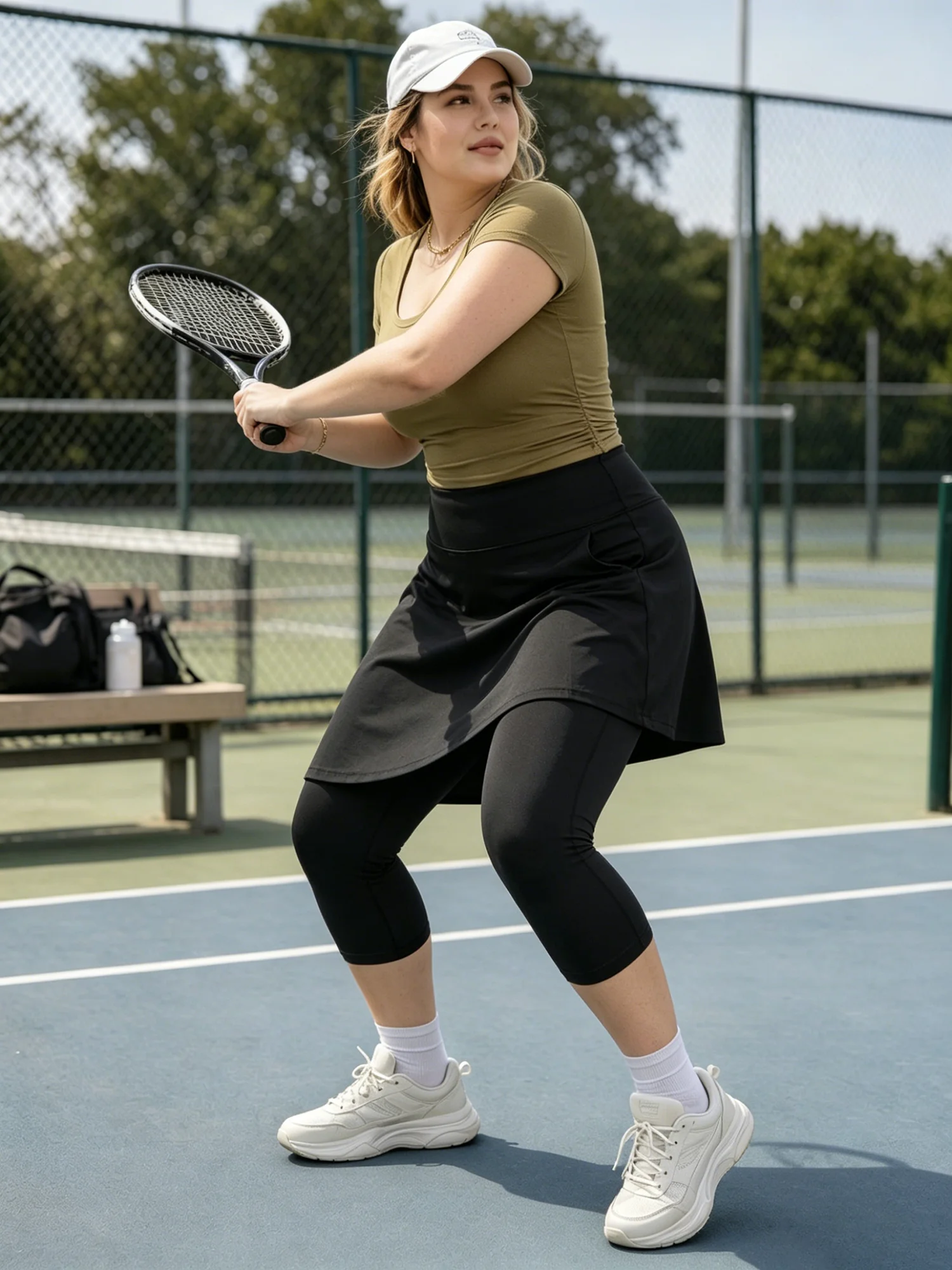 Plus Skirted Capris Skorts Women Long Knee Length Skirt with Capris Leggings,Skirted Leggings with High Waisted Zipper Pockets - view 3