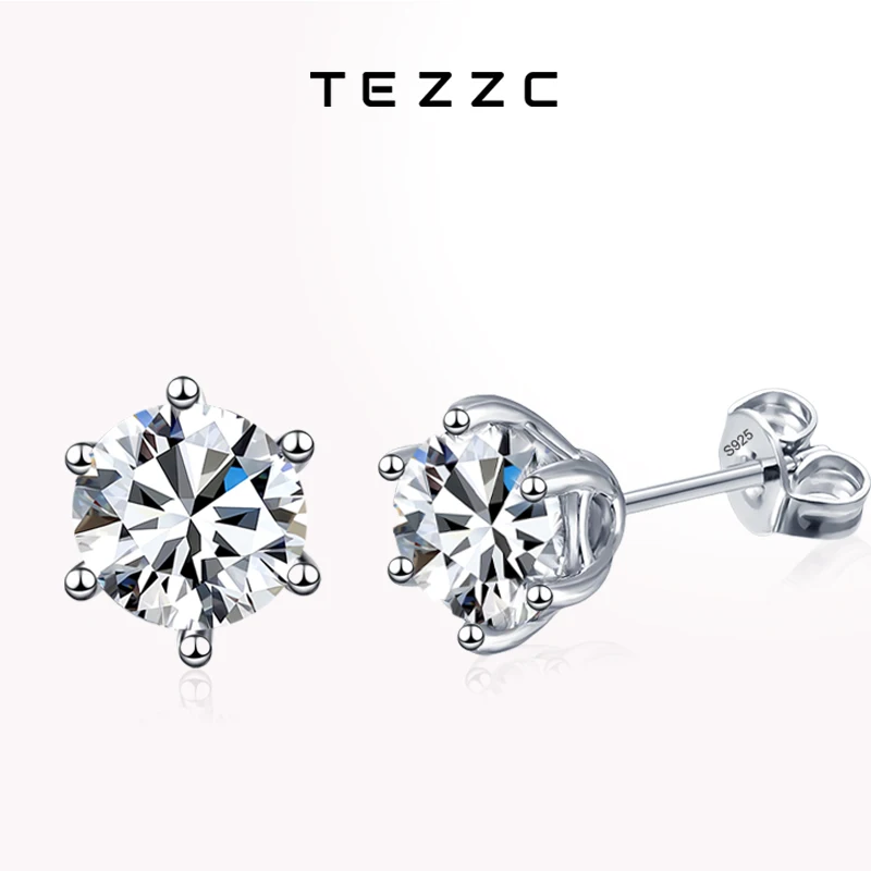 Tezzc 2ct Moissanite Stud Earrings For Women Top Quality 925 Sterling Silver Diamond Sparkling Earring Wedding with Certificate