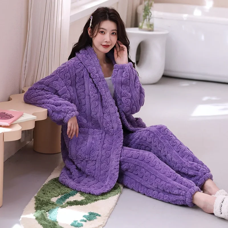 Coral Fleece Hooded Warm Home Wear Set New Sleepwear Autumn Winter Nightgown Flannel Intimate Lingerie Nightwear Sleep Bottoms