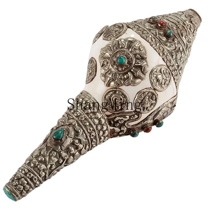 

PYH natural white conch clad copper Tibetan offering supplies Buddhist home furnishing ornaments