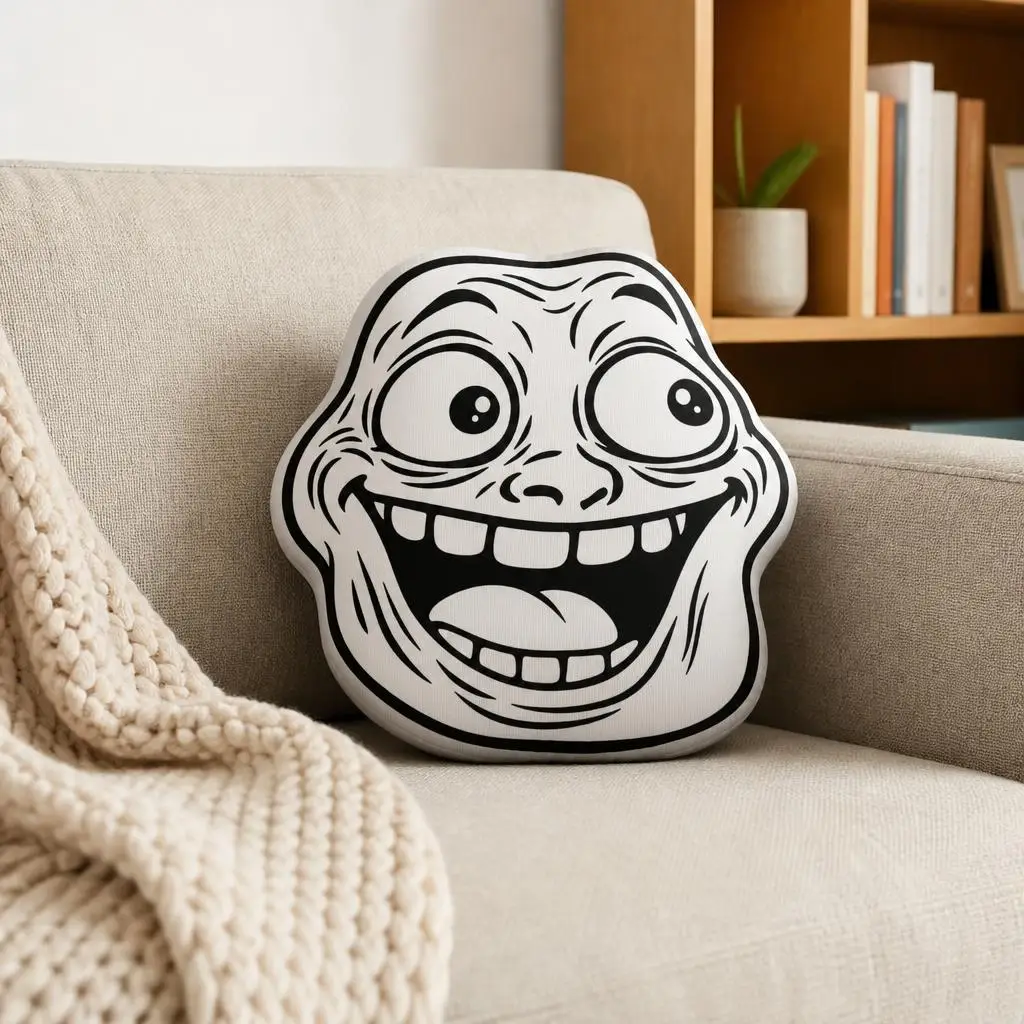 Troll Face Meme Shaped Stuffed Pillow Funny Internet Humor Cushion Throw Pillow for Sofa Living Room Decor Gift for Meme Fans