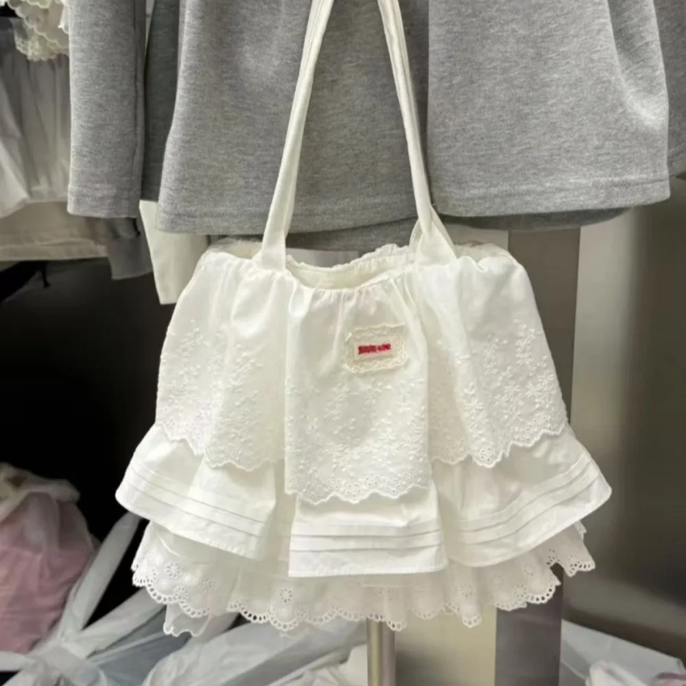 

New Lace Shoulder Bag Large Capacity White Tote Bag Layered Hem Skirt Pattern Single Handbag Women