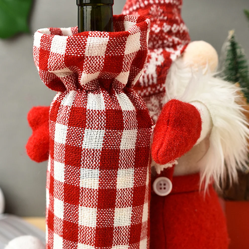 Christmas Wine Bottle Covers Cute Plaid Faceless Santa Doll Wine Decorative Cover Ornaments Xmas Party Decoration