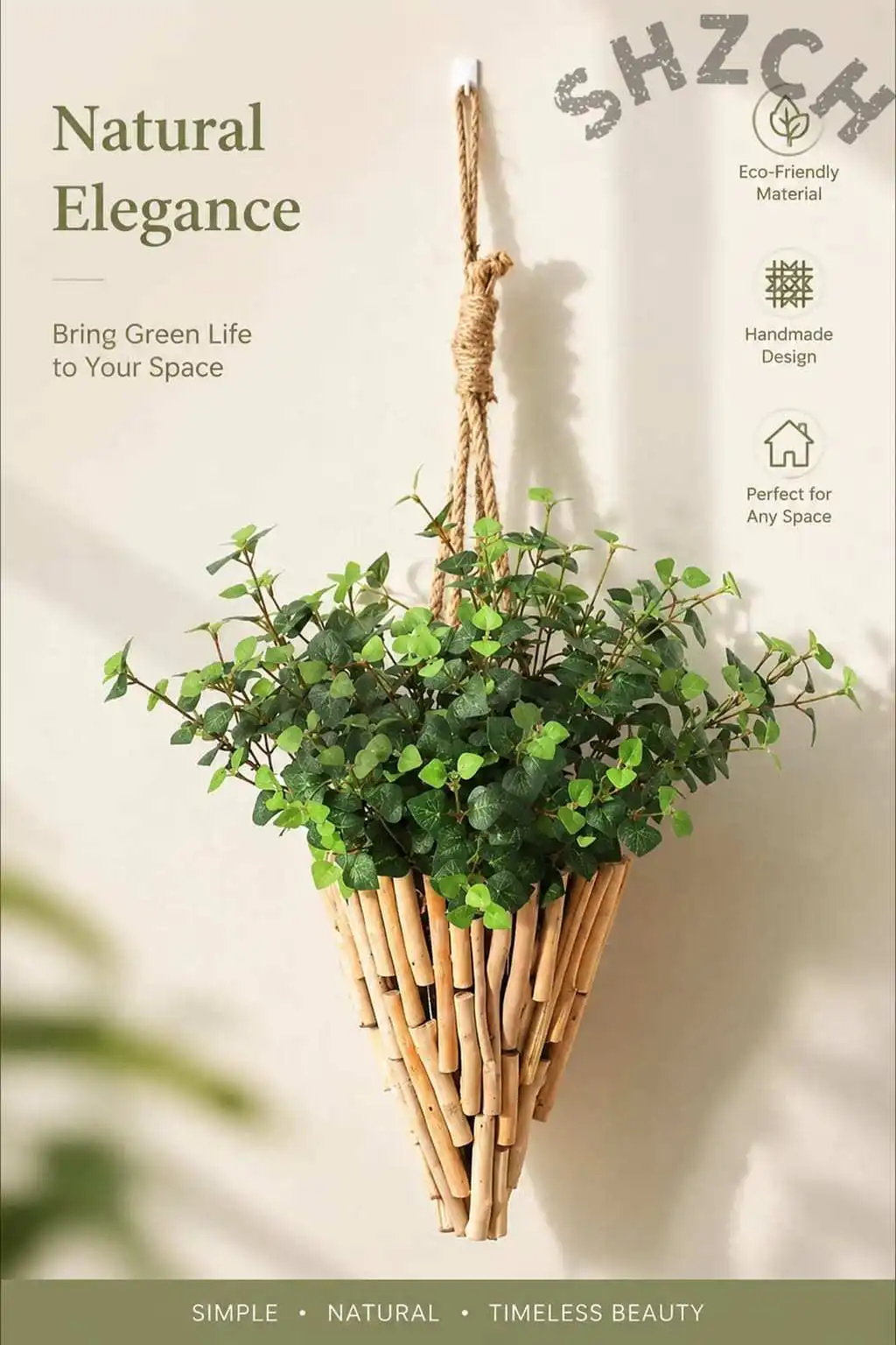 Minimalist Conical Wooden Hanging Planter for Indoor Plants – Wall-Mounted Branch-Style Flowerpot
