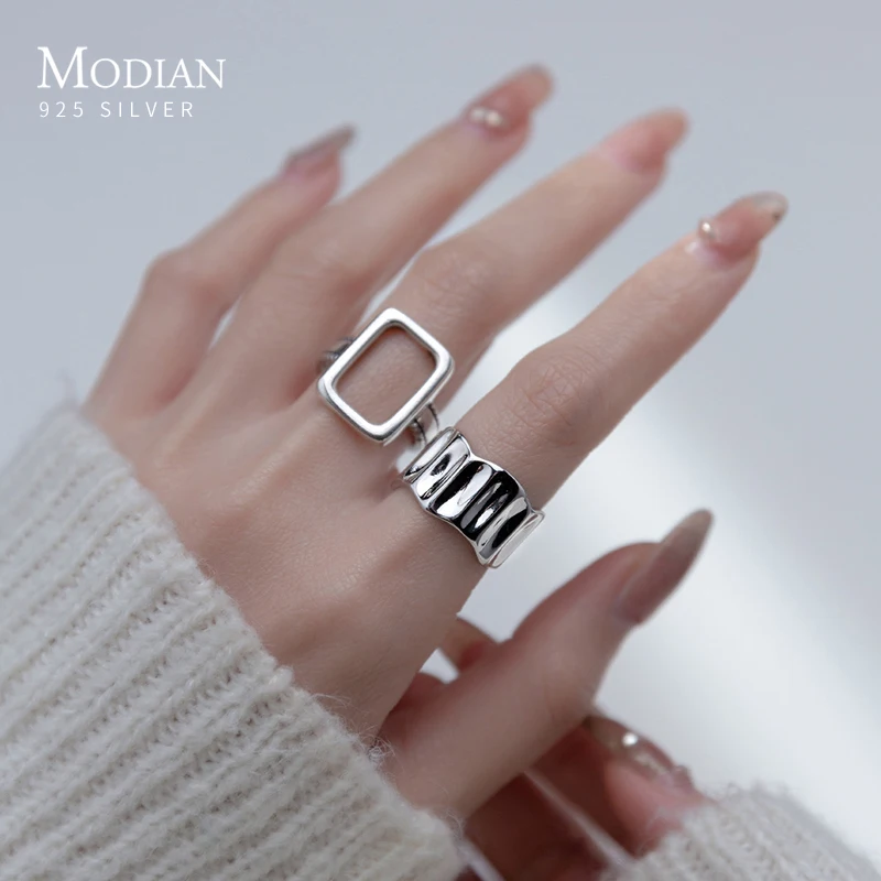 Modian 925 Sterling Silver Fashion Hollow Out Square Stackable Adjustable Finger Rings For Women Anniversary Fine Jewelry Gifts