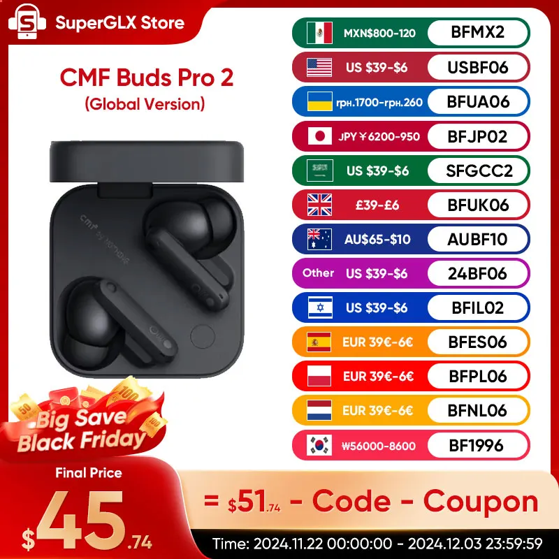 New Global Verison CMF Buds Pro 2 with 50 dB Hybrid Active Noise Cancellation 6 HD MICS IP55 Bluetooth 5.3 Buds Pro2