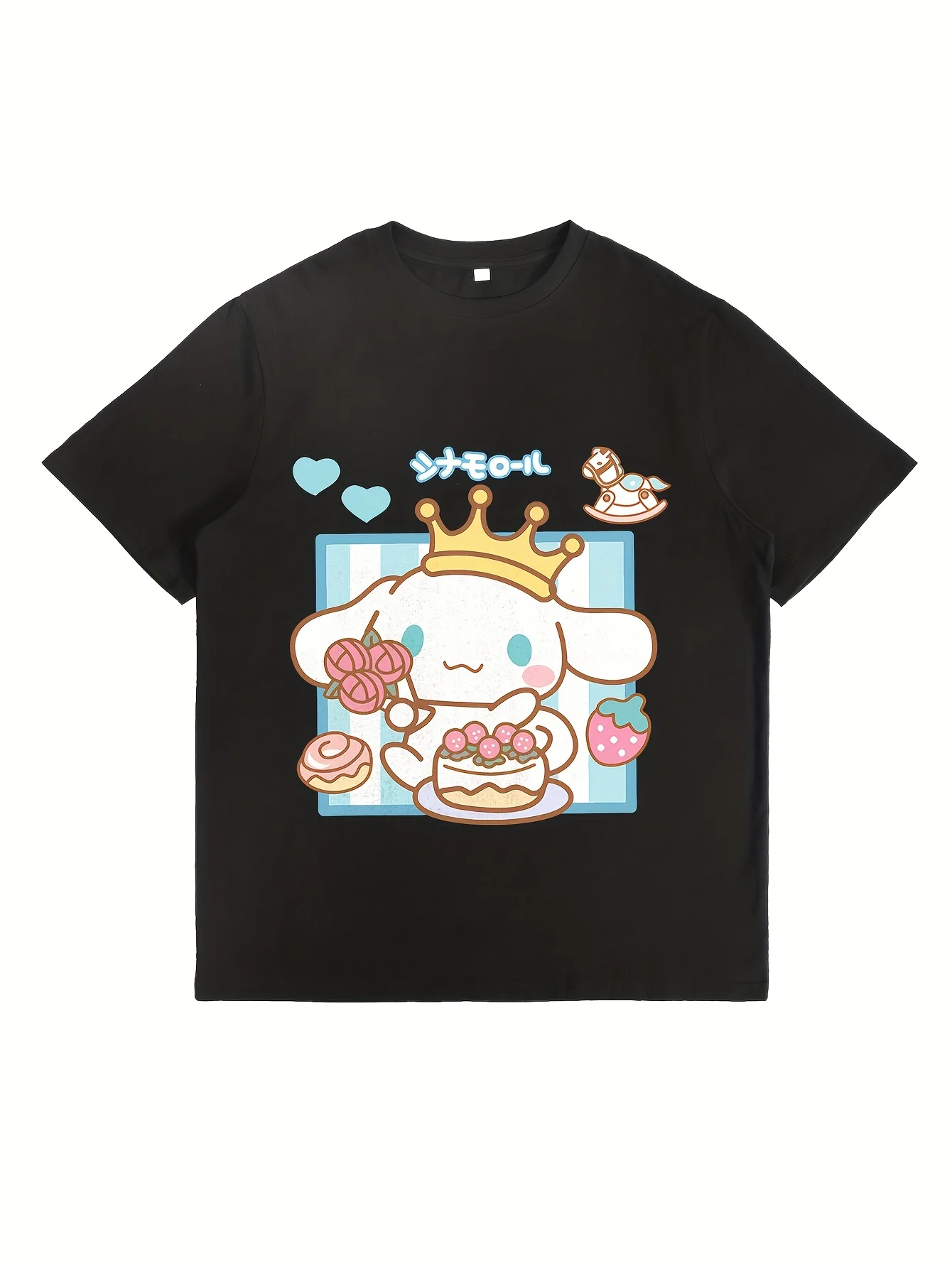 تي شيرت نسائي من Sanrio Cinnamoroll Cartoon - تي شيرت أسود برقبة دائرية مع أرنب مرح #1