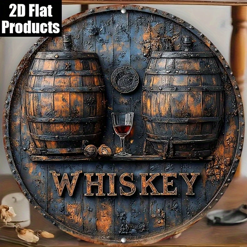 Whiskey Barrel Aluminum Metal Sign, Vintage Pub Bar Wall Decor Plaque for Club, Restaurant
