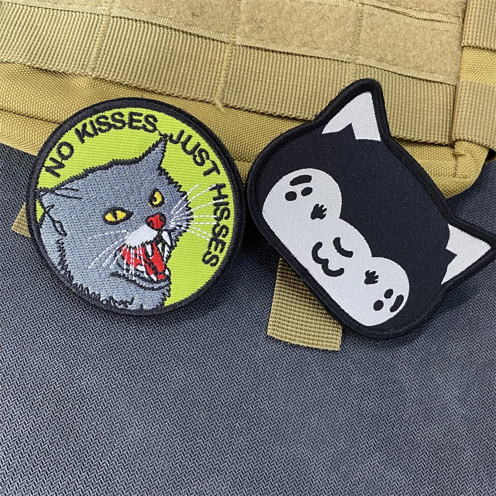 Cute Cat Morale Badge Patch No Kisses Just Hisses Cats Embroidered Patches for Clothing Hook&Loop Backpack Tactical Stickers