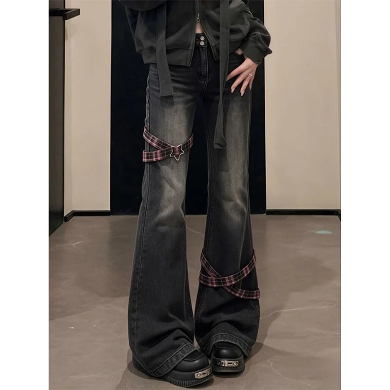 American Sweet Jeans Autumn Women Y2K Plaid Ribbon Star Buckle Flare Jeans Vintage Streetwear High Waist Wide Leg Jeans New