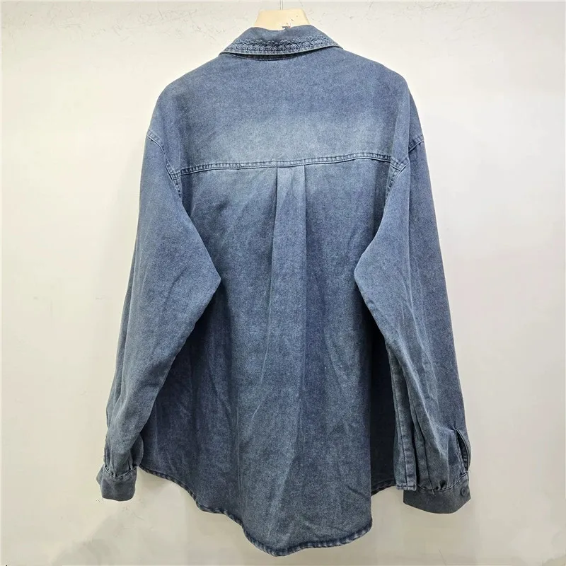 Heavy Work Diamond Denim Shirt Jacket Blue Light Blue Dark Blue Loose Lapel Single-Breasted Long Sleeve Jeans Jacket Autumn New