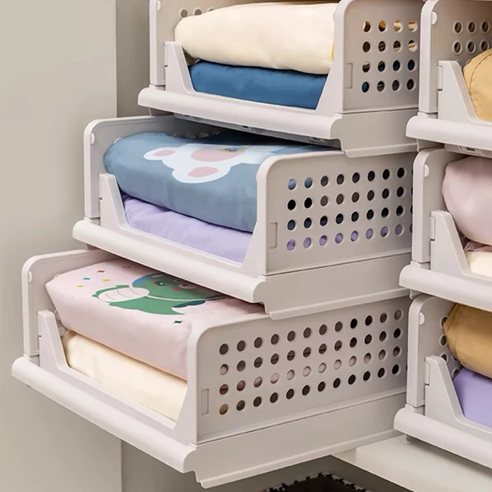 Lot de 3 Rangement Vêtement, Organisateur Armoire Vêtement, Boite de Rangement Empilable en Plastique, Tiroir Coulissant pour Placard, Cuisine, Salle de Bain, Chambre à Coucher - Blanc