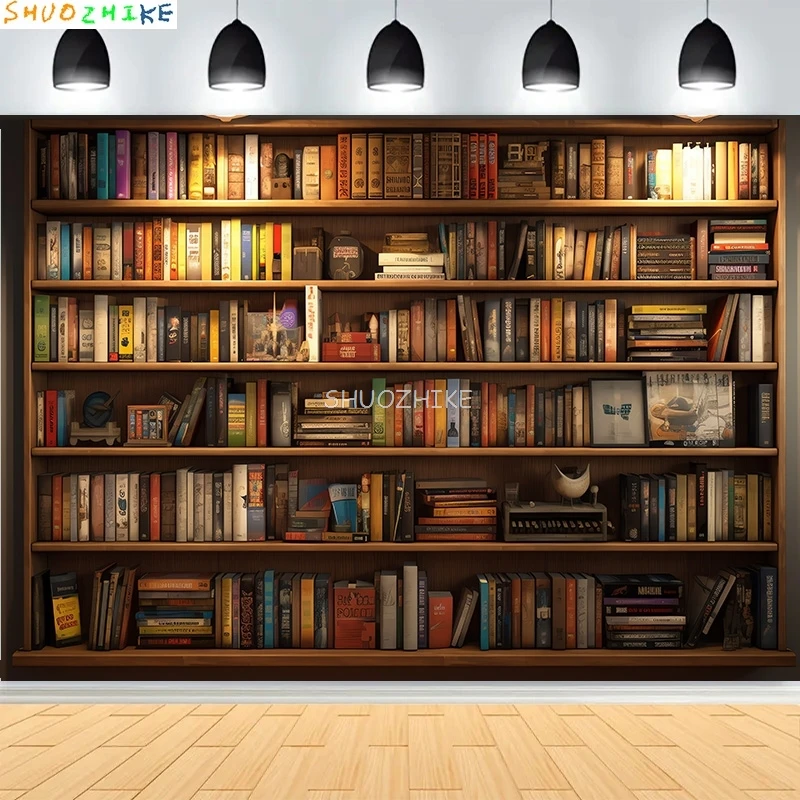 Wooden Bookshelves With Books Photography Backdrops Classic School Library Room Live Vintage Cabinet Photo Background SJ-04-image