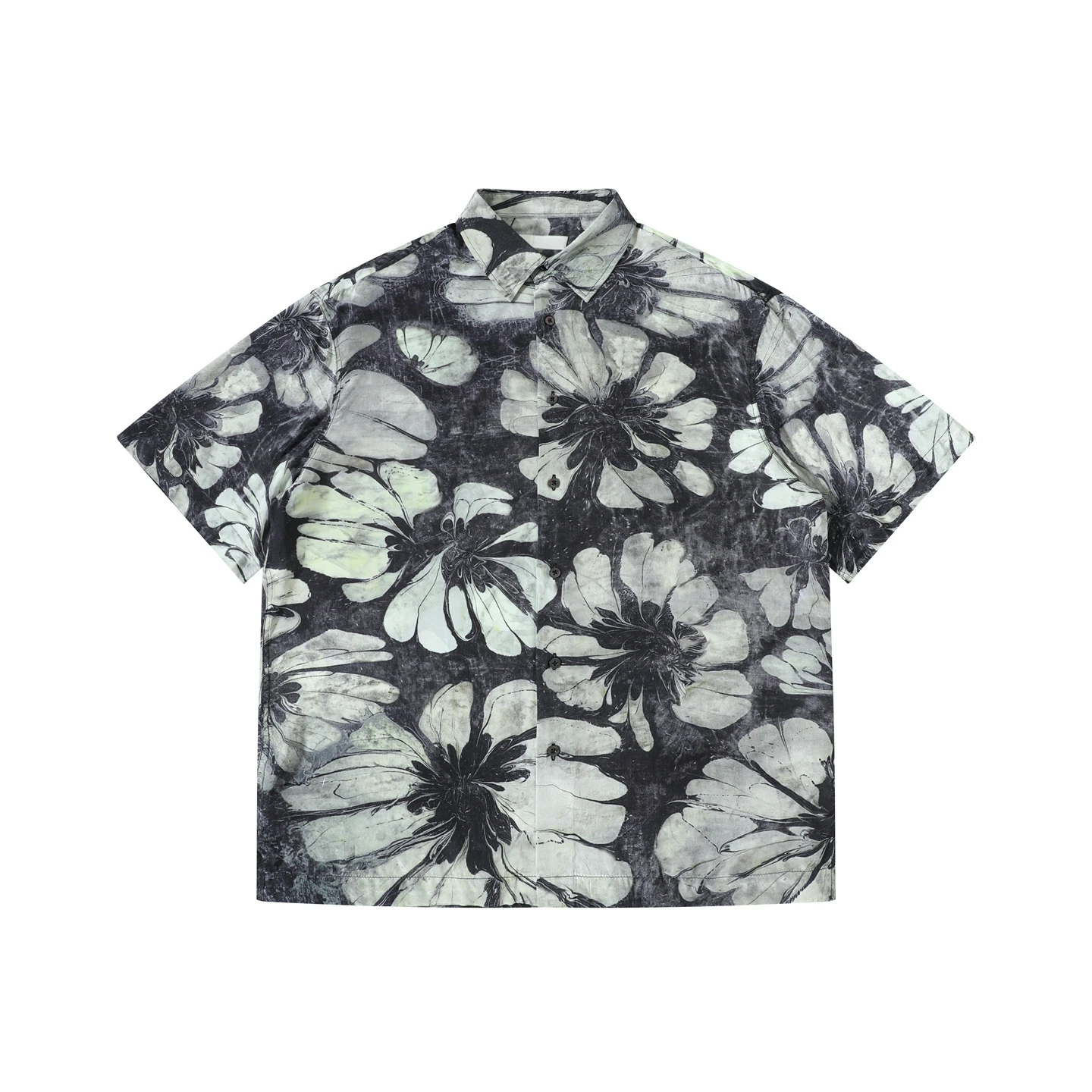 Vintage Dark Floral Print Short Sleeve Button Up Shirt Men Oversized Loose Fit Casual Holiday Streetwear Hawaiian Style Shirt
