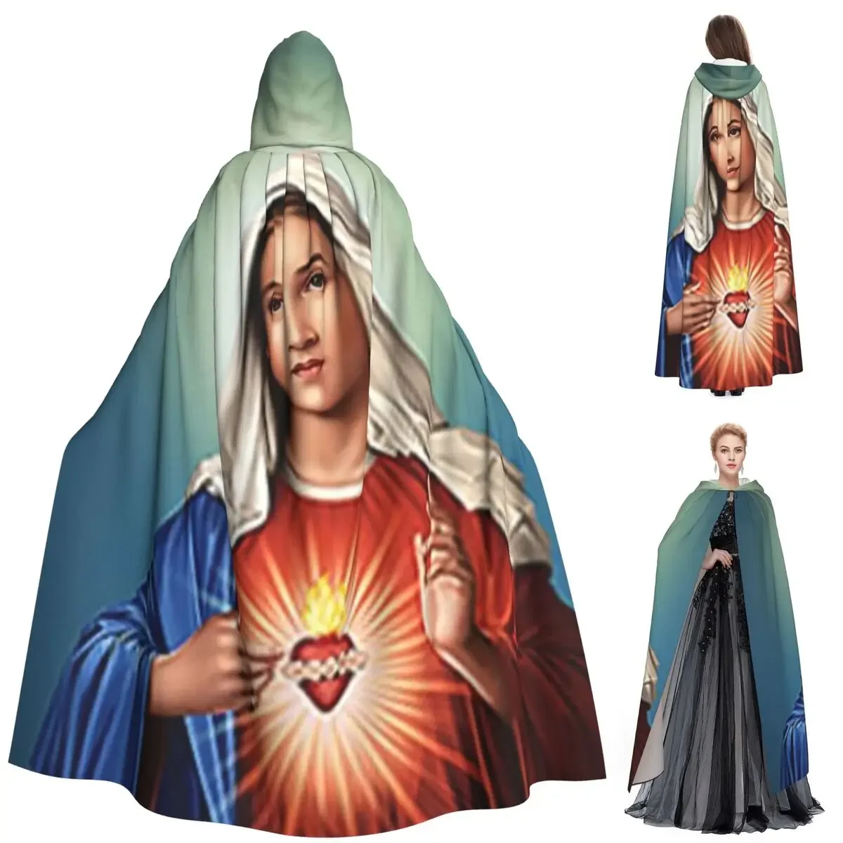 Custom Immaculate Heart Of Mary Virgin Mary Long Hooded Cloak Witch Medieval Costume Cosplay Cape HalloweenParty Adult Unisex